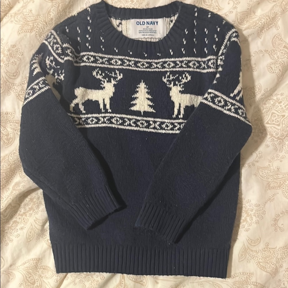 Old Navy Men's Blue Sweater with White Reindeer Design